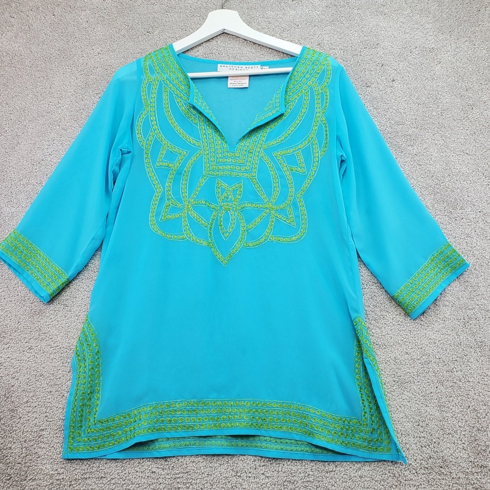 Gretchen Scott Tunic Top Womens XS Turquoise Georgette Embroidered Split Neck